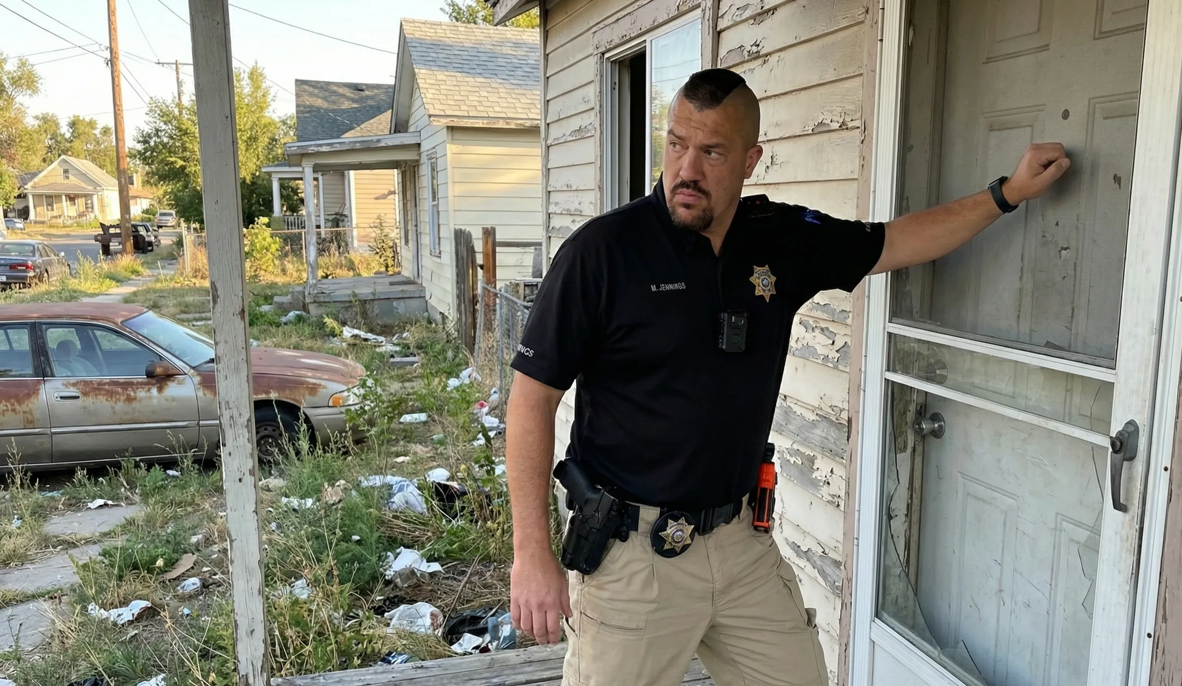 Constable Jennings knocking on a door in a bad neighborhood.