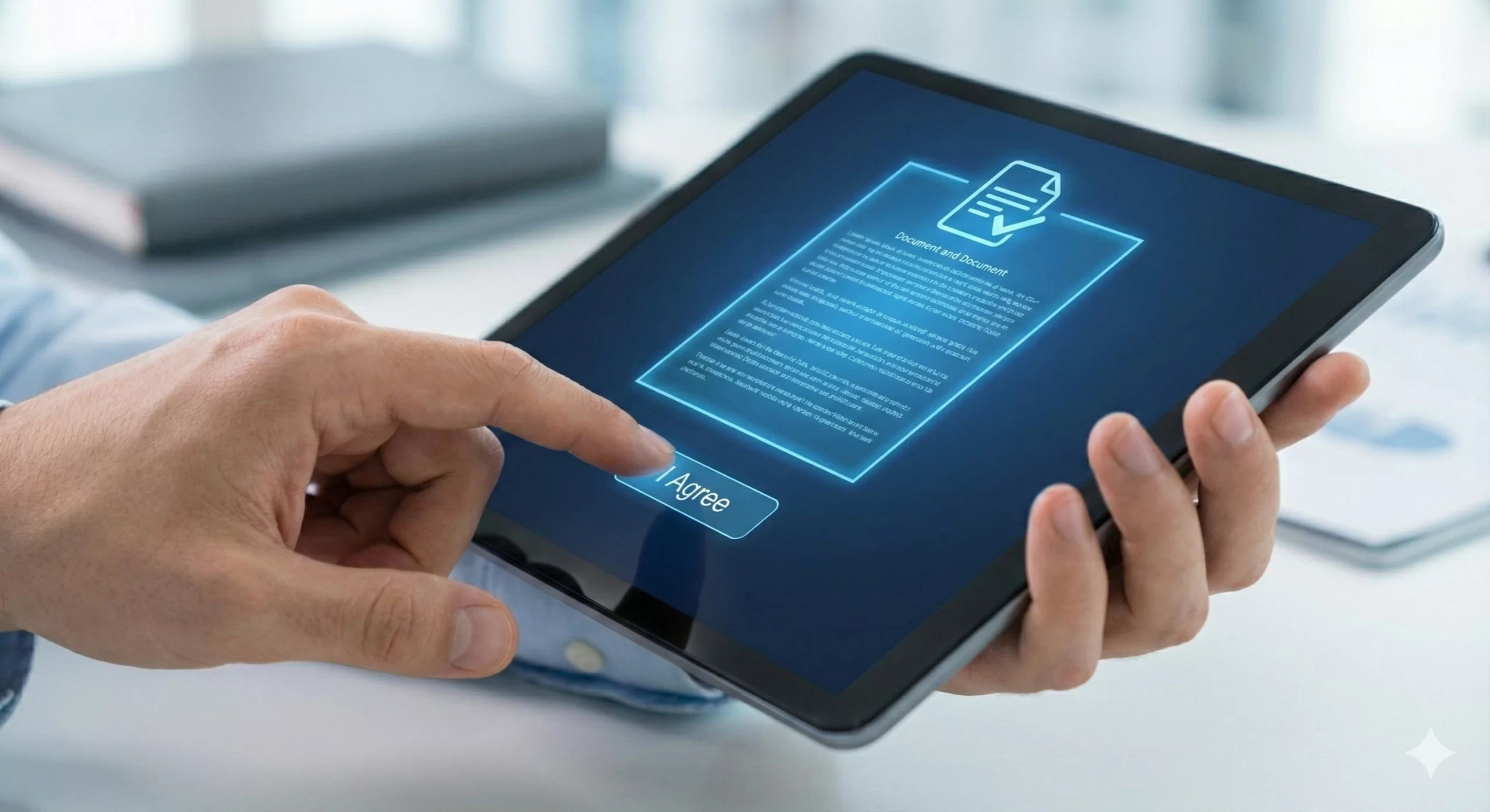Man agreeing to contractual terms on tablet.